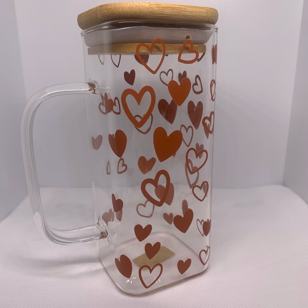 Square cup with handle, bamboo lid, and straw